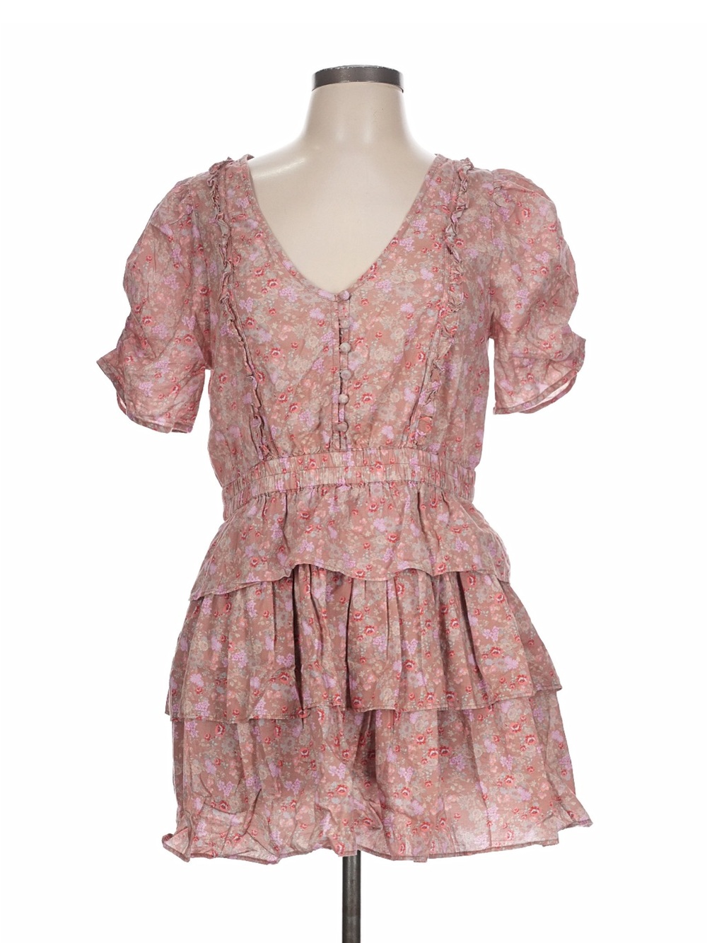 LoveShackFancy Roth Pink Floral Cotton Tiered Ruffle Mini Dress Puff Sleeve L